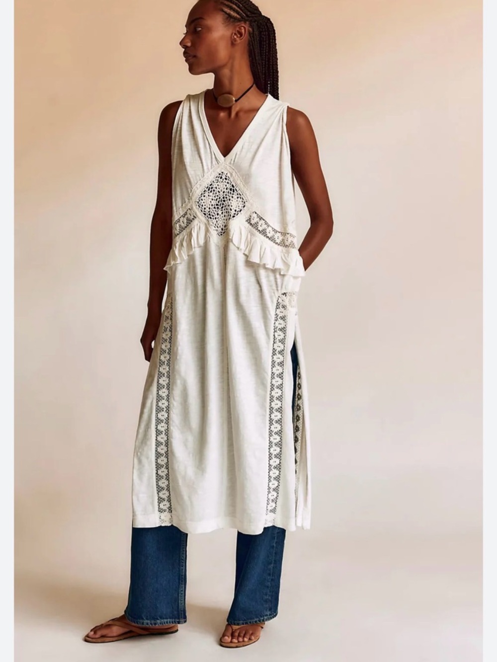 Free People Cream Sleeveless Crochet-Trim Midi Tunic Dress
